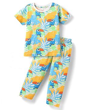Babyhug Cotton Knit Half Sleeves Co-ords Night Suit With Leaves & Bird Print - Blue