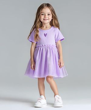Bonfino 100% Cotton Knit Half Sleeves Dress with Hearts Embroidery - Lilac