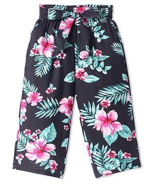 CrayonFlakes Floral Printed Belted Palazzo - Black