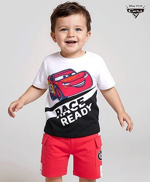 Babyhug Disney Single Jersey Knit Half Sleeves T-Shirt & Short Set With Car Graphics - White & Red