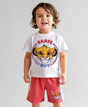 Babyhug Disney Single Jersey Knit Half Sleeves T-Shirts & Shorts Set with Lion King Graphics & Badge Detailing - Red & White