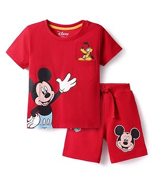 Babyhug Disney Single Jersey Knit Half Sleeves T-Shirt & Shorts Set With Mickey Mouse Graphics And Pocket Detailing - Red