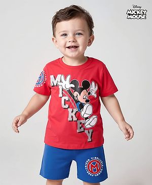 Babyhug Disney Single Jersey Knit Half Sleeves T-Shirt & Shorts Set With Mickey Mouse Graphics & Batch Detailing - Red & Blue