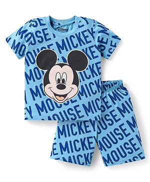 Babyhug Disney Single Jersey Knit Half Sleeves Co-ords Shorts Night Suit with Mickey Mouse Graphics - Blue
