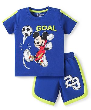Babyhug Disney Single Jersey Knit Half Sleeves T-Shirt & Short Set With Front And Back Mickey Mouse Graphics - Blue
