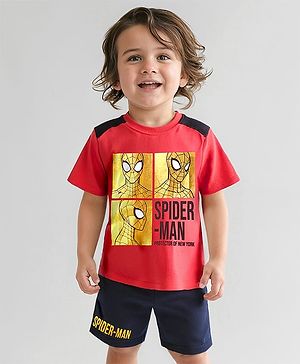 Babyhug Marvel Single Jersey Knit Half Sleeves T-Shirt & Shorts Set with Spider Man Graphics & Foil Detailing - Red & Black