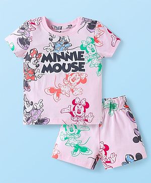Babyhug Disney Single Jersey Knit Half Sleeves Co-ords Shorts Night Suit with Minnie Mouse Print - Pink