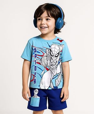 Babyhug Marvel Single Jersey Knit Half Sleeves T-Shirt & Shorts Set With Spider Man Graphics & Pocket Detailing - Blue
