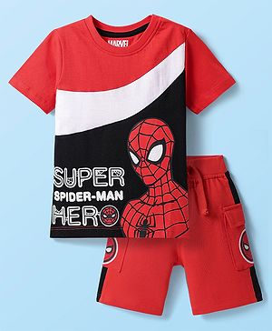 Babyhug Marvel Single Jersey Knit Half Sleeves Cut and Sew T-Shirt & Shorts Set With Spider-Man Graphics - Red & Black