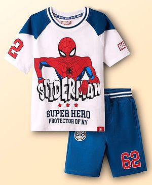 Pine Kids Marvel 100% Cotton Knit Drop Shoulder Oversized Half Raglan Sleeves T-Shirt And Shorts Set With Spider-Man Graphics - Navy Blue & White