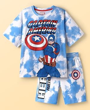 Pine Kids Marvel 100% Cotton Knit Drop Shoulder Half Sleeves T-Shirt And Shorts With Captain America Graphics - Blue