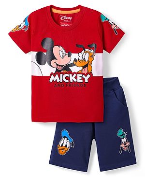 Babyhug Disney Single Jersey Knit Half Sleeve T-Shirt & Shorts Set With Mickey Mouse And Family Graphics - Red & Navy Blue