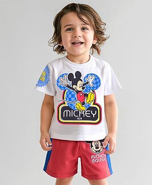 Babyhug Disney  Half Sleeves T-Shirt & Shorts Set with Mickey Mouse & Family Graphics - White & Red