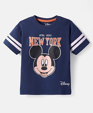 Babyhug Disney Single Jersey Knit Half Drop Shoulder Sleeves T-Shirt with Mickey Mouse Graphics - Navy Blue