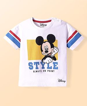 Babyhug Disney Single Jersey Knit Half Drop Shoulder Sleeves T-Shirt with Mickey Mouse Graphics & Foil Detailing - White