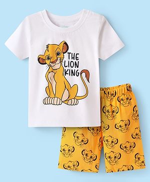 Babyhug Disney Single Jersey Knit Half Sleeves Shorts Night Suit with Lion King Graphics - White & Yellow