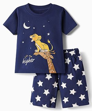 Babyhug Disney Single Jersey Knit Half Sleeves Shorts Night Suit with Lion King & Stars Graphics - Navy Blue