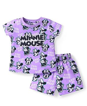 Babyhug Disney Single Jersey Knit Half Sleeves Co-ords Shorts Night Suit with Minnie Mouse Print - Purple