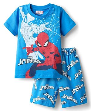 Babyhug Marvel Single Jersey Knit Half Sleeve Shorts Night Suit With Spider-Man Graphic - Blue