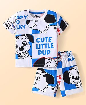 Babyhug Disney Single Jersey Knit  Half Sleeves Shorts Night Suit With 101 Dalmatians Print - Blue & White