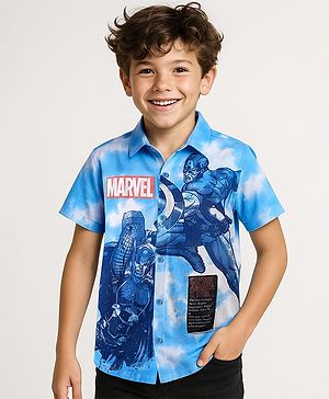 Pine Kids Marvel Single Jersey Knit Half Sleeves Tie & Dye Shirt With Front & Back Avengers Graphics  - Blue