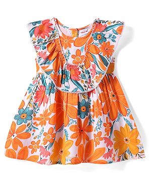Babyhug Cotton Woven Frill Sleeves Frock with Floral Print & Ruffle - Orange
