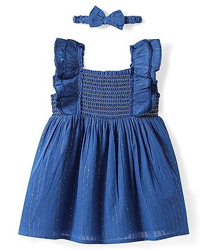 Babyhug Cotton Woven Frill Sleeves Dress With Rhinestones Detailing & Headband - Blue