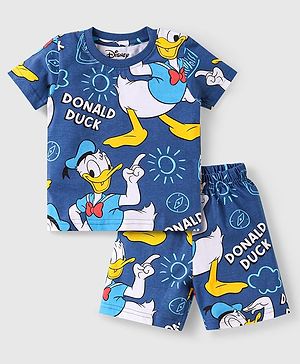 Babyhug Disney Single Jersey Knit Half Sleeves Shorts Night Suit With Donald Duck Print - Navy Blue