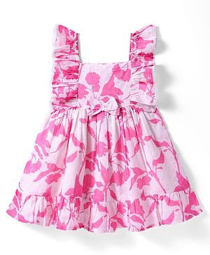 Babyhug Cotton Knit Sleeveless Frock with Floral Print & Bow - Pink