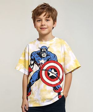 Pine Kids Marvel Single Jersey Knit Half Sleeves Oversized Drop Shoulder T-Shirt Captain America Graphics And Sequins Detailing - Yellow & White