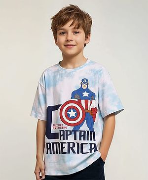 Pine Kids Marvel Terry Knit Half Sleeves Oversized Drop Shoulder Tie And Dye T-Shirt With Avengers-Captain America Graphics - Light Blue