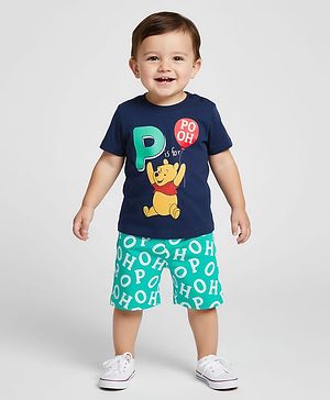 Babyhug Disney Single Jersey Knit Half Sleeves Shorts Night Suit with Winnie the Pooh Graphics - Navy Blue & Sea Green