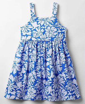 Babyhug Cotton Woven Sleeveless Frock with Floral Print - Blue