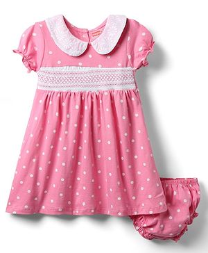 Babyhug Cotton Woven Half Sleeves Frock With Polka Dot Print & Bloomer - Pink
