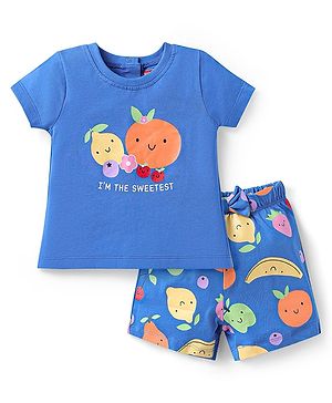 Babyhug Cotton Knit Half Sleeves Short Night Suit with Fruit Print - Blue