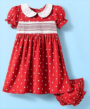 Babyhug Cotton Woven Half Puffed Sleeves Peter Pan Collared Frock with Bloomer & Polka Dots Print - Red