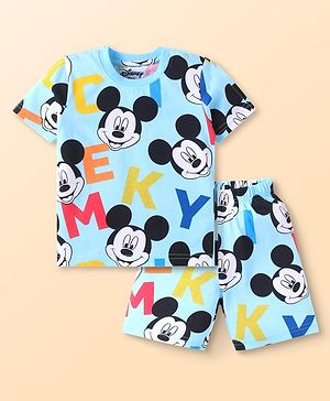 Babyhug Disney Single Jersey Knit Half Sleeves Co-ords Shorts Night Suit with Mickey Mouse Graphics - Light Blue