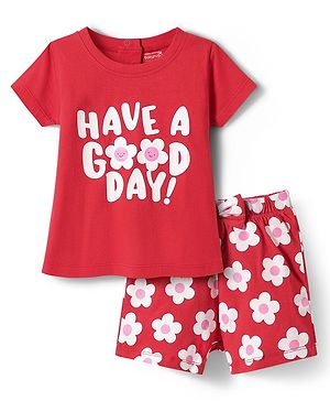 Babyhug Cotton Knit Half Sleeves Shorts Night Suit with Floral Print & Bow Applique - Red