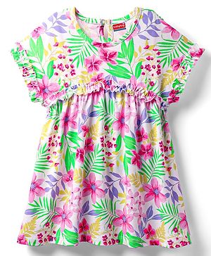 Babyhug Cotton Woven Half Sleeves Frock with Floral Print & Frill Detailing - White
