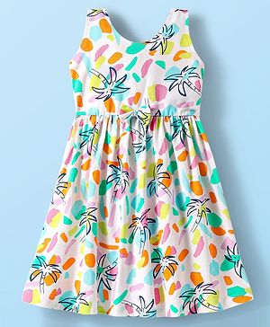 Babyhug Cotton Woven Sleeveless Frock With Tree Print & Bow Applique - White