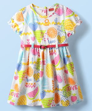 Babyhug Cotton Woven Half Sleeves Frock With Fruit Print & Belt - White
