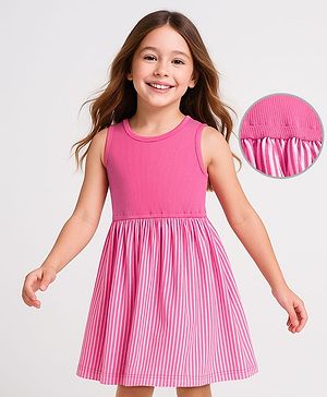 Pine Kids Cotton Knit Sleeveless Solid Color Frock  - Dark Pink