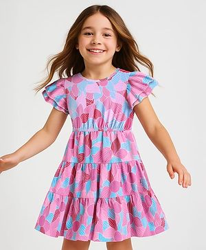 Pine Kids Cotton Knit Half Frill Sleeves Tiered Frock with Floral Print - Multicolor