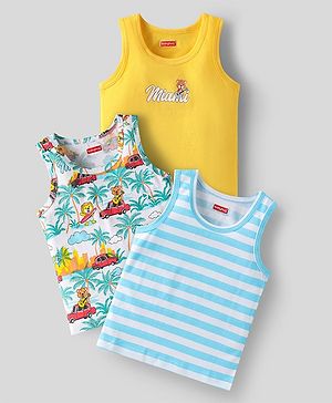 Babyhug 100 % Cotton Knit Sleeveless Sando with Stripes & Beach Theme Print Pack of 3 - Yellow & Light Blue