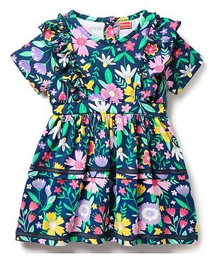 Babyhug Cotton Woven Half Sleeves Frock With Floral Print & Lace Detailing - Navy Blue