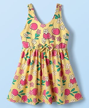 Babyhug Cotton Woven Sleeveless Frock With Floral & Cherry Print & Bow Applique - Yellow