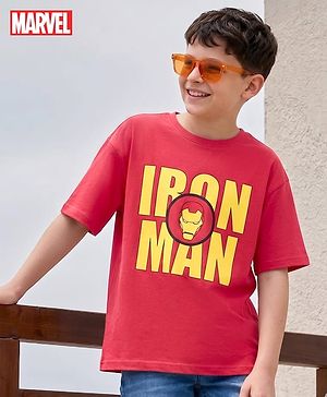 Pine Kids Marvel Single Jersey Knit Drop Shoulder Half Sleeves Oversized T-Shirt with Iron Man Graphics - Red