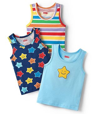 Babyhug 100 % Cotton Sleeveless Star Printed & Striped Vests Pack Of 3 - Light Blue Yellow & Navy Blue