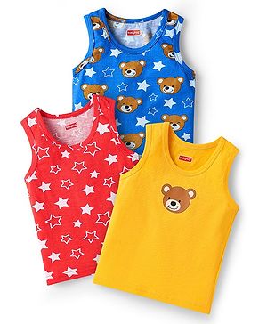 Babyhug 100% Cotton Single Jersey Knit Sleeveless Sandos With Animal & Star Print Pack Of 3 - Red Blue & Yellow
