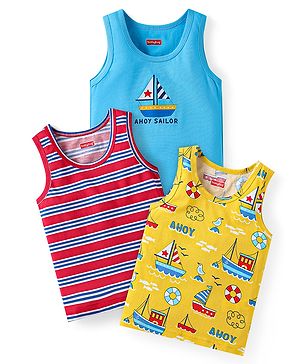 Babyhug 100% Cotton Knit Sleeveless Sandos with Stripes & Sea Life Print Pack of 3 - Light Blue & Yellow